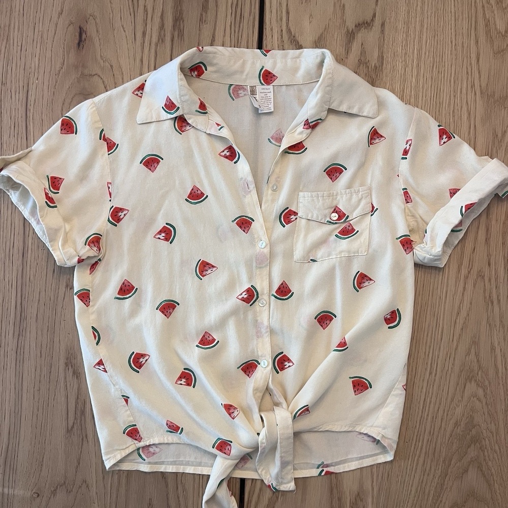 Japna Watermelon Printed Tie Front Collared Summer Shirt Small Summer Cutesy
